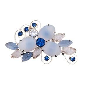 Blue Givre Art Glass & Silver-tone Floral Design Brooch, Vintage